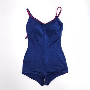 DeWeese‎ Design Vintage One Piece Swimsuit Blue Pink Trim Retro Boy Leg Small
